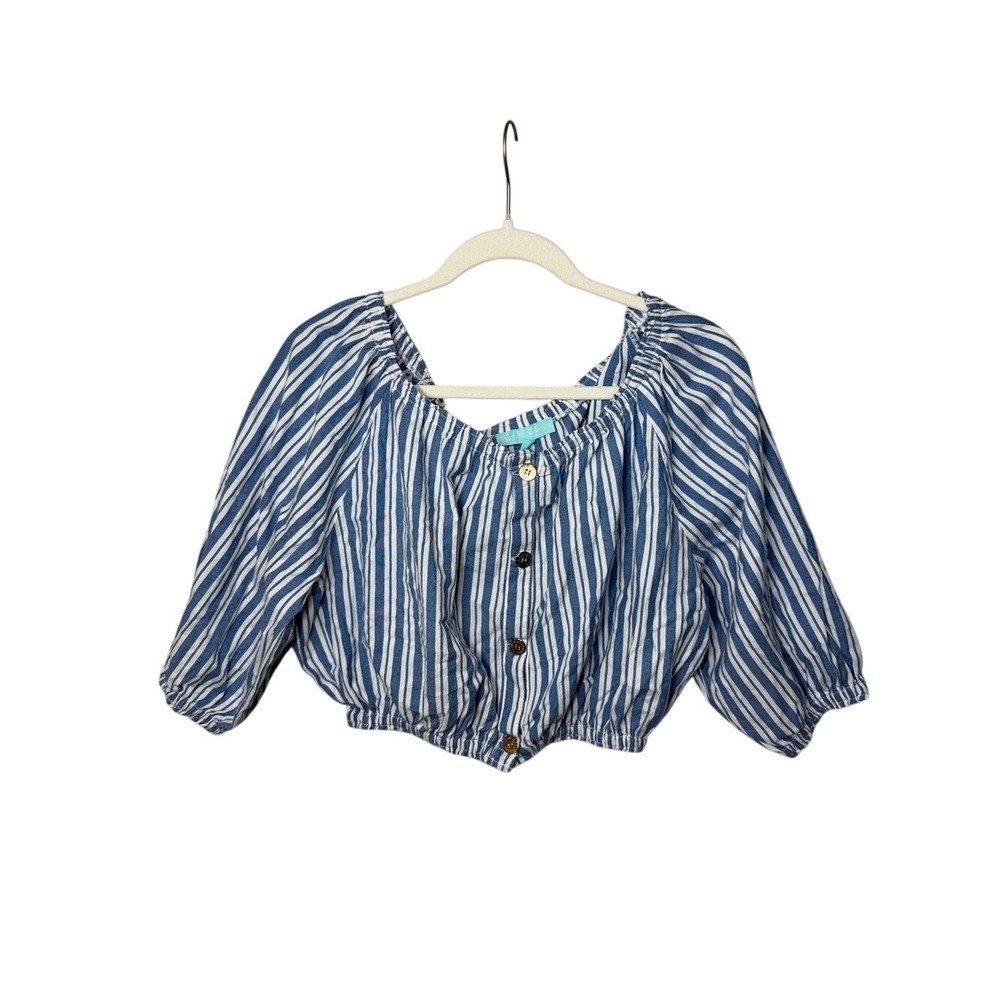 Melissa Odabash Blue White Striped Crop Top Button Puff Sleeve Resortwear Medium